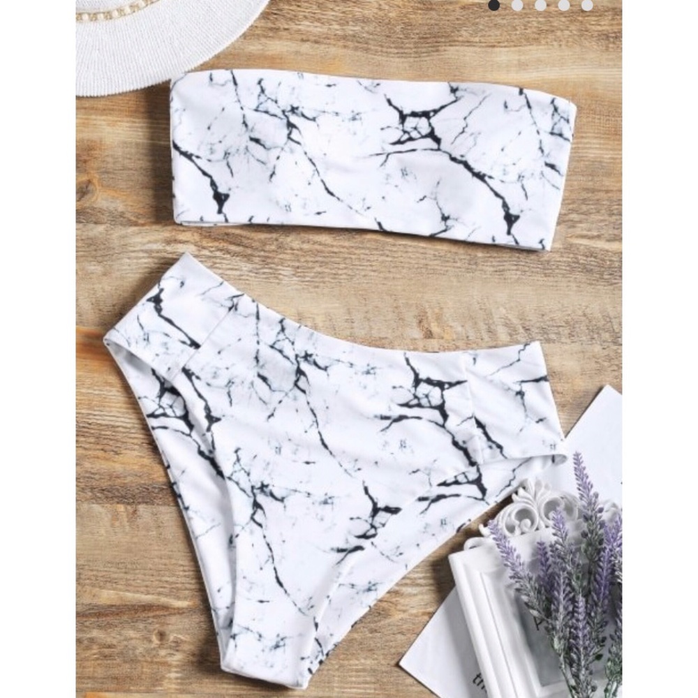 Marble print high waisted bandeau bikini set